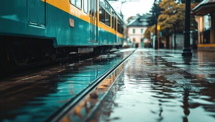 Naklejka premium Rainy Day Tram Ride: A Cityscape in the Rain