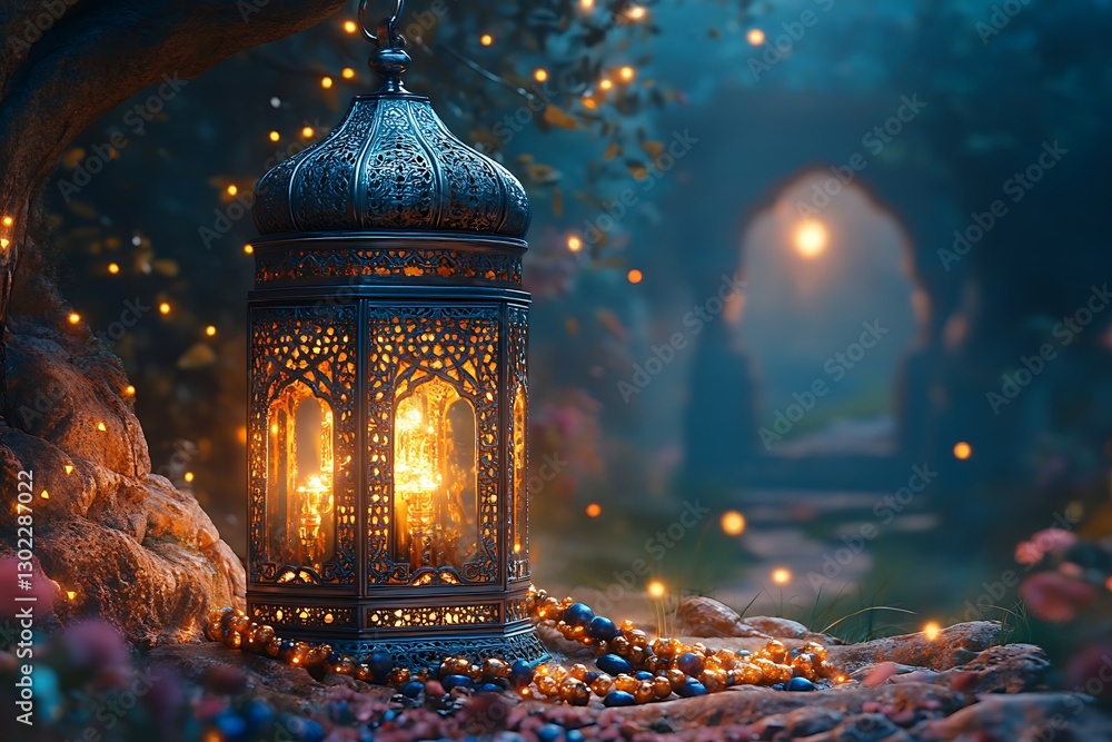 Poster glowing lantern on a mystical forest path with sparkling lights