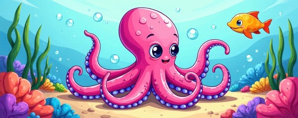 Cheerful octopus in raster format, perfect for kids' coloring books , education, whimsical