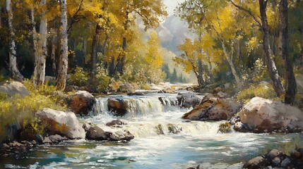 Autumn Waterfall in Aspen Forest