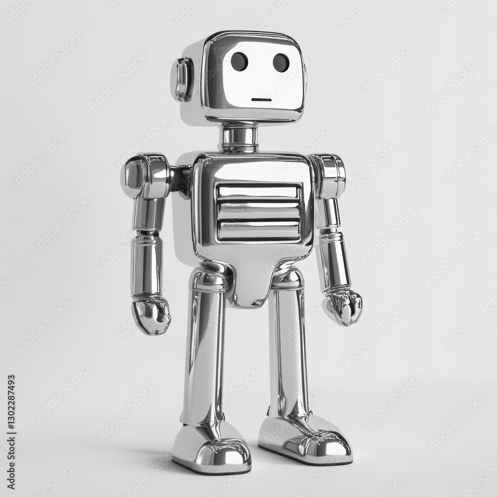 Poster chrome 3d robot toy with clean cut features and smooth surface