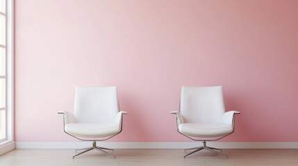 Two white chairs in a pink room with a window. Interior design concept.