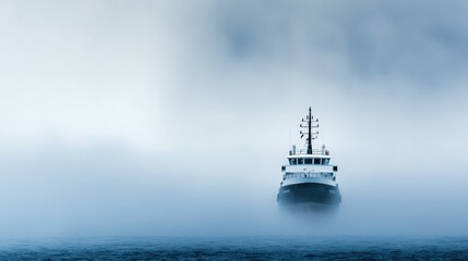 Ship sailing through heavy fog. Concept of travel, transportation, and nature.