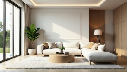 Sleek minimalist living room, neutral palette, calm, plants, contemporary