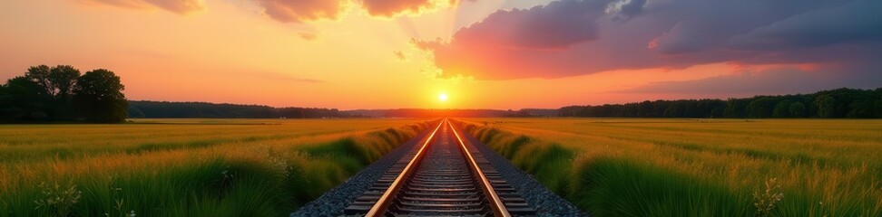 Fototapeta premium Vibrant summer sunset over tranquil railway crossing in green fields , landscape, field, perspective