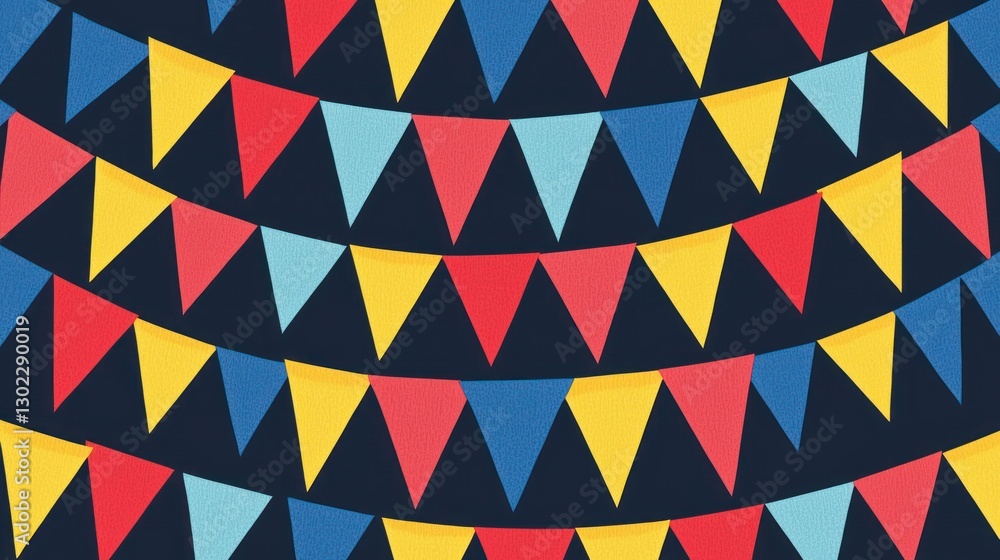 Poster a seamless bunting pattern featuring triangular flags in red, blue, and yellow hues.