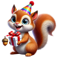 Squirrel Birthday Gift Clipart, Cartoon Animal with Present and Party Hat PNG