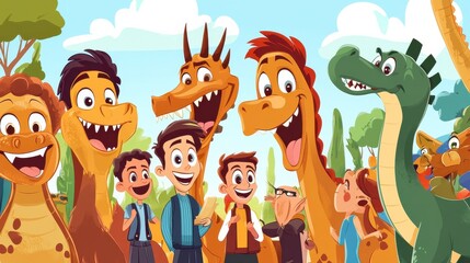 Naklejka premium Joyful Scene with Children and Friendly Dinosaurs in a Cartoon Theme