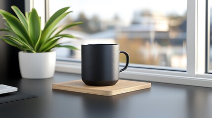 Black Mug on Wooden Coaster on Minimalist Desk Near Window