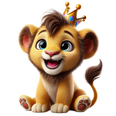 Fototapeta premium Lion Cub Birthday Clipart, Cute Cartoon Animal with Crown PNG