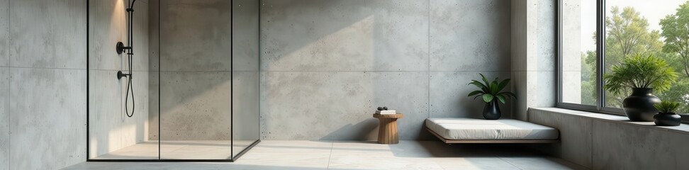 Sleek minimalist shower, concrete walls, frameless glass , minimalist design, chrome