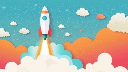 Illustration of a rocket launching into space. Concept of startup, business, and success.