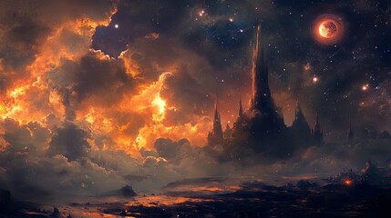 Fototapeta premium Fiery Skies over Celestial Castle: A Fantasy Landscape