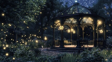 Fototapeta premium Magical Gazebo Surrounded by Fireflies in Enchanted Night Garden