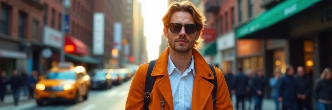 Stylish figure in sunglasses strolls NYC street, new york, building, walk
