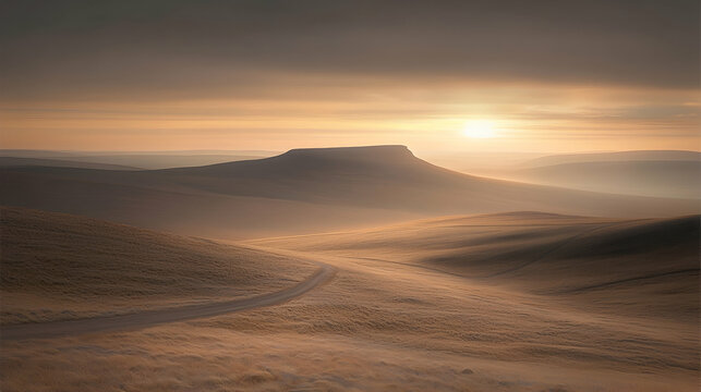 Sunrise over misty mountain plateau, winding road leading towards peak, atmospheric landscape photography for travel brochures