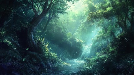 Fototapeta premium Enchanted Forest Waterfall: A Mystical Stream Through Lush Greenery