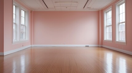 Obraz premium Empty room with pink walls and wood floors. Bright light from the windows.