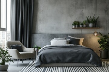 Modern bedroom with concrete wall, gray bedding, and armchair.