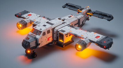 Futuristic spaceship, hovering in a studio, illuminated by orange lights