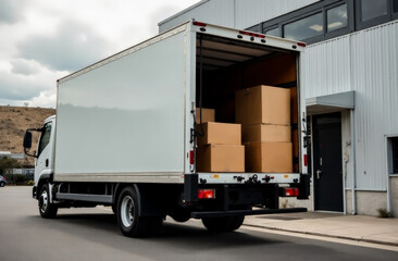 A white delivery truck loaded with cardboard boxes is waiting to be loaded at the logistics warehouse.  the concept of competent logistics and transportation of goods