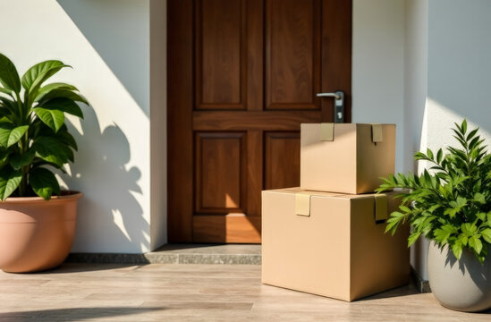cardboard boxes neatly stacked at the door of the house. they symbolize moving or delivering goods to your home. cardboard recycling