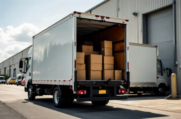 A white delivery truck loaded with cardboard boxes is waiting to be loaded at the logistics warehouse.  the concept of competent logistics and transportation of goods