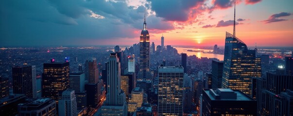 Fototapeta premium Manhattan cityscape, towering skyscrapers, dramatic light, design, cityscape