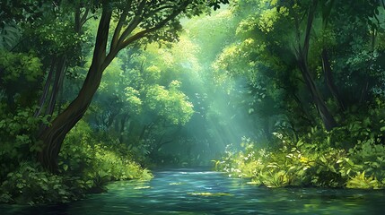 Fototapeta premium Luminous Forest Stream: A Digital Painting of a Sunlit Jungle Path AI Generated