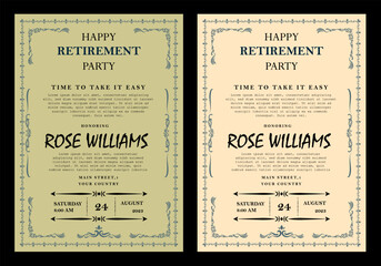 Set of retirement party invitation, square banner, instagram story and a4 poster, vector illustration Retirement Flyer Design Template. Retirement Party Invitation Layout, square banner, and a4 poster