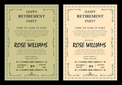 Set of retirement party invitation, square banner, instagram story and a4 poster, vector illustration Retirement Flyer Design Template. Retirement Party Invitation Layout, square banner, and a4 poster