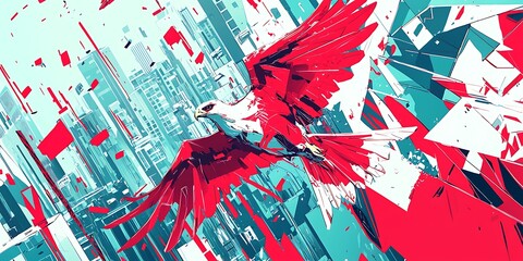 Naklejka premium Abstract Digital Artwork of an Eagle Soaring Over a Futuristic City