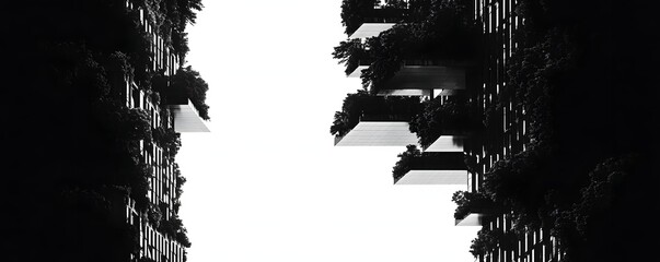 High rise buildings featuring greenery in a grayscale image