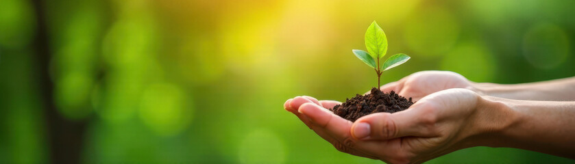 Small tree sprout in nurturing hand, symbolizing growth and environmental care , sapling, botanical