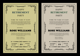 Set of retirement party invitation, square banner, instagram story and a4 poster, vector illustration Retirement Flyer Design Template. Retirement Party Invitation Layout, square banner, and a4 poster