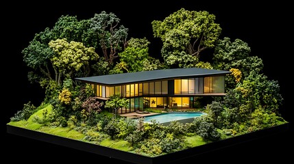 Fototapeta premium Modern Architectural Model: Nighttime Villa in Lush Green Setting AI Generated