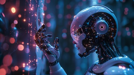 Futuristic Robot Analyzing Data Panels: A Glimpse into High-Tech Realities