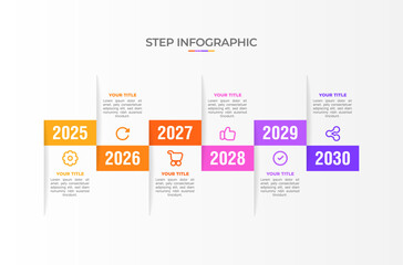 Infographic template. 6 Step timeline journey, Flat simple infographics design template. Presentation graph. Business concept with icon 6 options or steps. Background vector illustration.