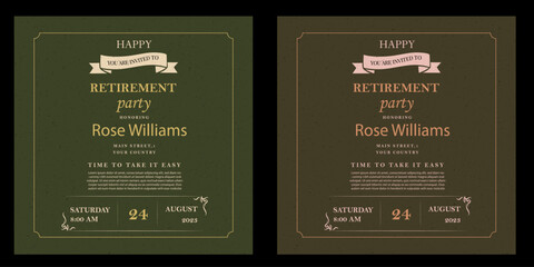 Set of retirement party invitation, square banner, instagram story and a4 poster, vector illustration Retirement Flyer Design Template. Retirement Party Invitation Layout, square banner, and a4 poster