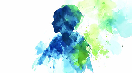 Watercolor Child Silhouette, Profile, Green Blue Splashes, Hopeful Background, Mental Health