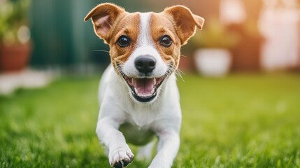 Happy Jack Russell Terrier dog running in the grass. Concept of pets, dog, and animals.
