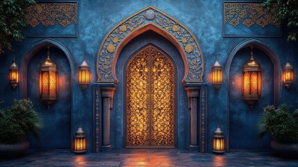 Obraz premium Ornate golden door in a blue building with hanging lanterns at night.