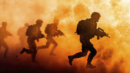 Fototapeta premium Silhouetted soldiers running through smoke and flames, showcasing bravery and action in dramatic scene