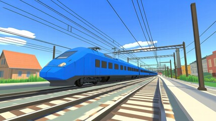Fototapeta premium Blue High-Speed Train in Modern Urban Landscape with Clear Sky
