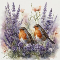 A delicate watercolor painting of a robin sitting on a lavender bush, with soft floral elements, pure white background.