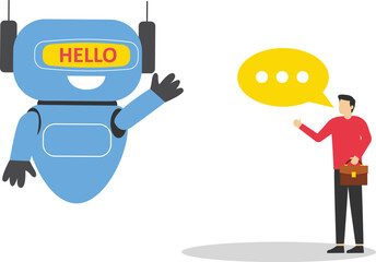 Business people chatting with robot, asking questions and receiving answers. Robot with artificial intelligence says 
