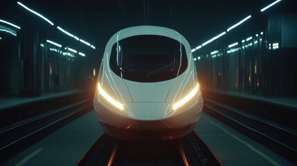 Fototapeta premium Modern High-Speed Train Front View in Dimly Lit Station Environment