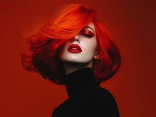 Obraz premium captivating model with fiery red hair and bold makeup poses against red background