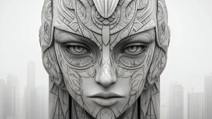 GrayScale 3D Render of Geometric Woman's Face Against City Skyline