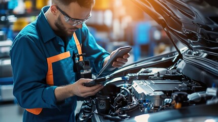 A modern hybrid vehicle undergoing maintenance, professional technician using digital diagnostic tools